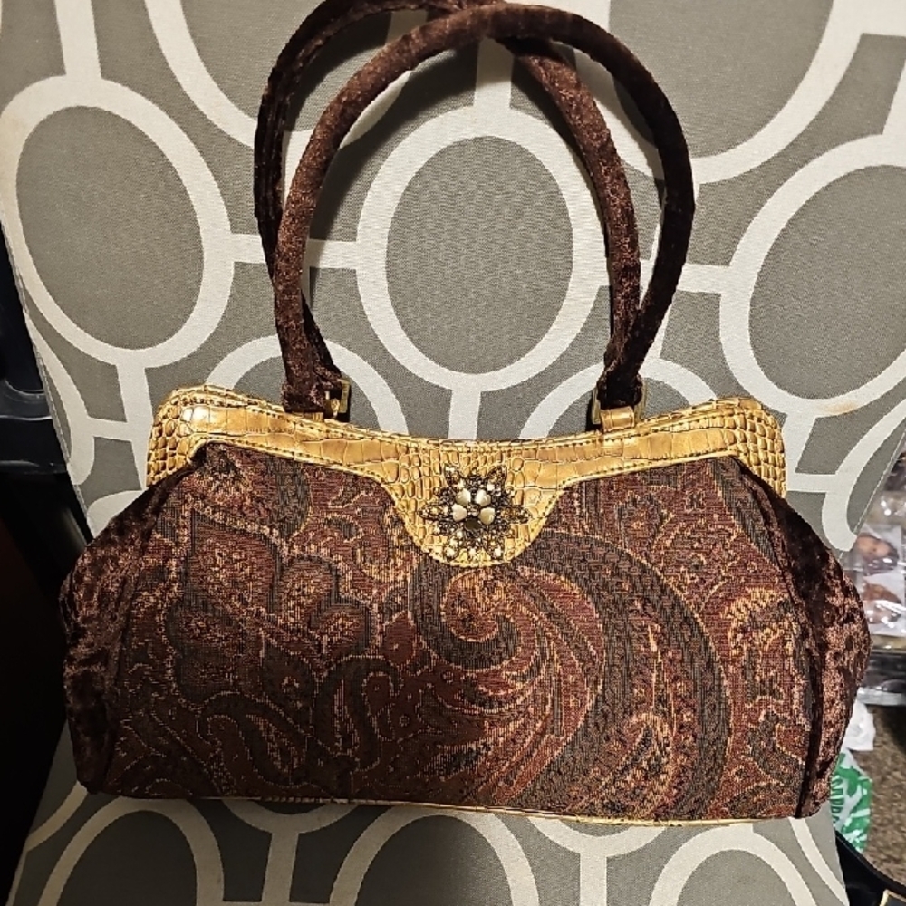 Marshall Field's Authentic Vintage Brown/Tan Tapestry Bag w/Brooch, Velvet Side